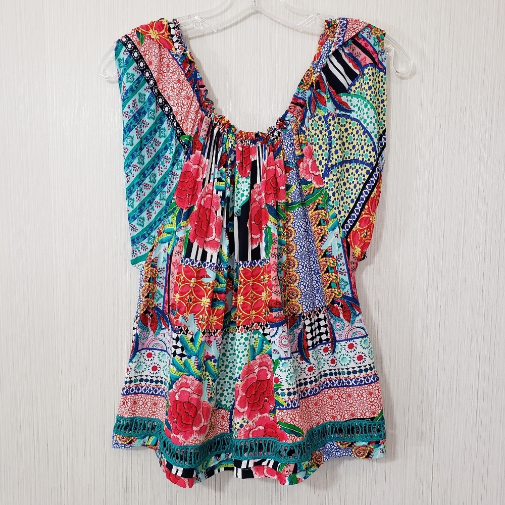 Jaase colorful floral & abstract print blouse with crochet‎ trim hemline